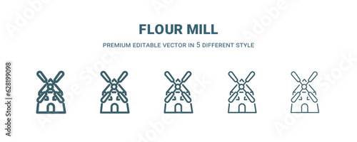 flour mill icon in 5 different style. Thin, light, regular, bold, black flour mill icon isolated on white background.
