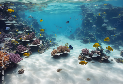 Colorful underwater reef landscape and sea creatures on the blue ocean floor