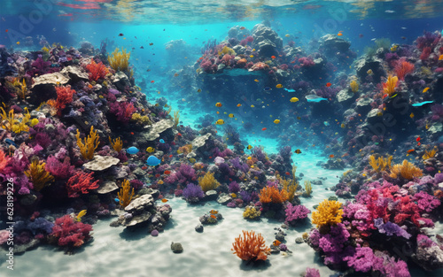 Colorful underwater reef landscape and sea creatures on the blue ocean floor © Leohoho