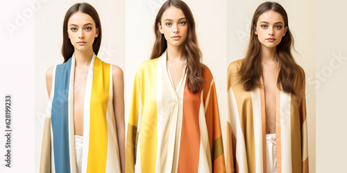 Vibrant trio of fashion-forward women in bold, harmonious colors, mirroring each others poses against a minimalist white background. Emphasizes symmetry. Generative AI photo