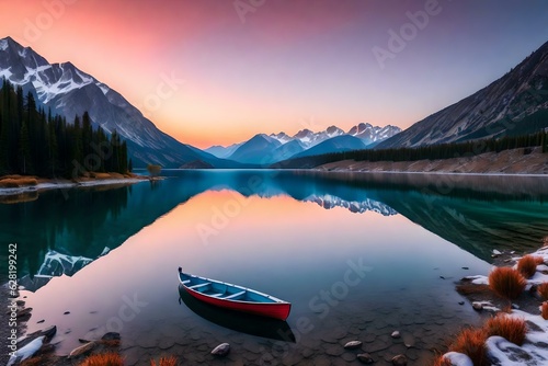 A serene and secluded mountain lake at dawn