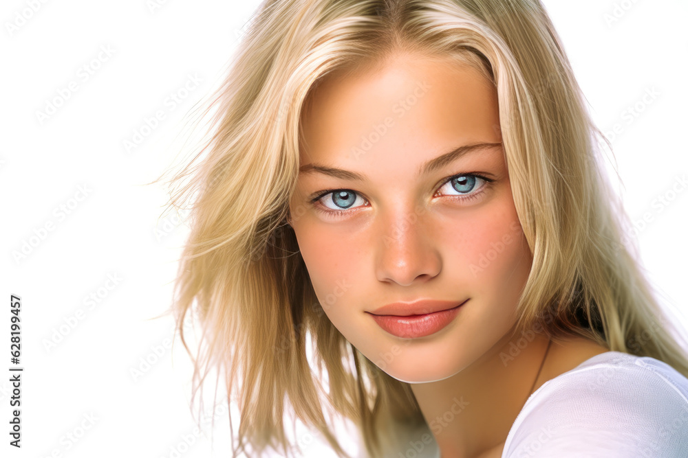 Radiant 18-year-old girl with blonde hair, fresh and pure look, blue eyes and soft skin against a white background - natural beauty without artifice. Generative AI Radiant 18-year-old girl with blonde hair, fresh and pure look, blue eyes and soft skin against a white background - natural beauty without artifice. Generative AI