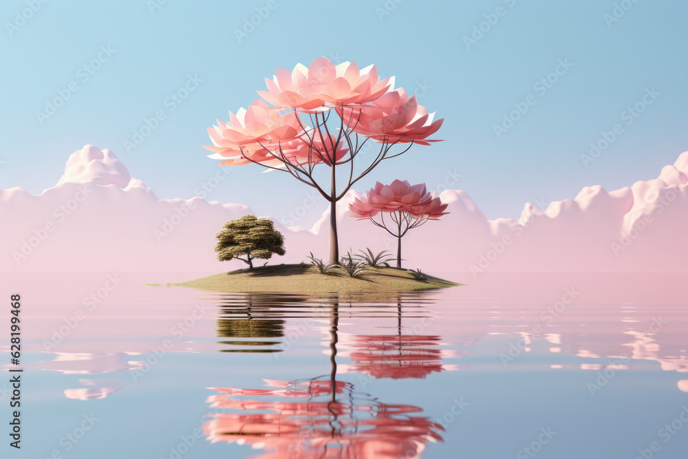Fototapeta premium A small island with pink flowers in the water.
