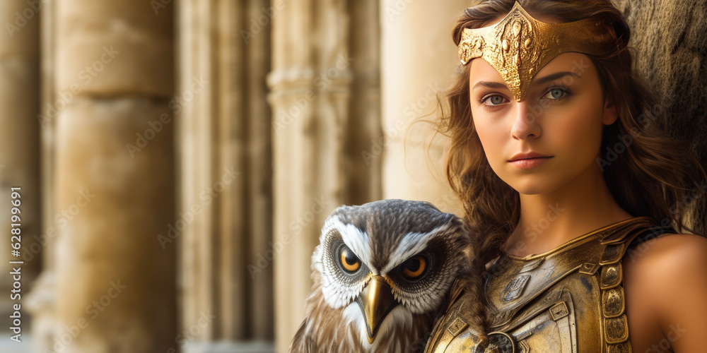 Mystical portrait of Athena-like woman in silver armor, a golden owl on shoulder, standing sideways with ancient temple as blurred backdrop. Generative AI