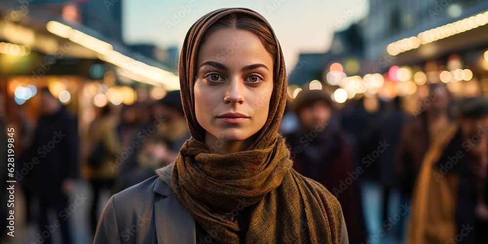 Captivating Middle Eastern individual in chic, modern attire contemplating urban life at a bustling market square during the enchanting twilight hours. Generative AI