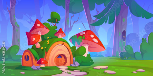 Fairytale house on green forest glade. Vector cartoon illustration of fantasy wooden hut with door, porch and round windows, mushrooms and moss on roof, stone footpath. Spooky eyes in tree hollow