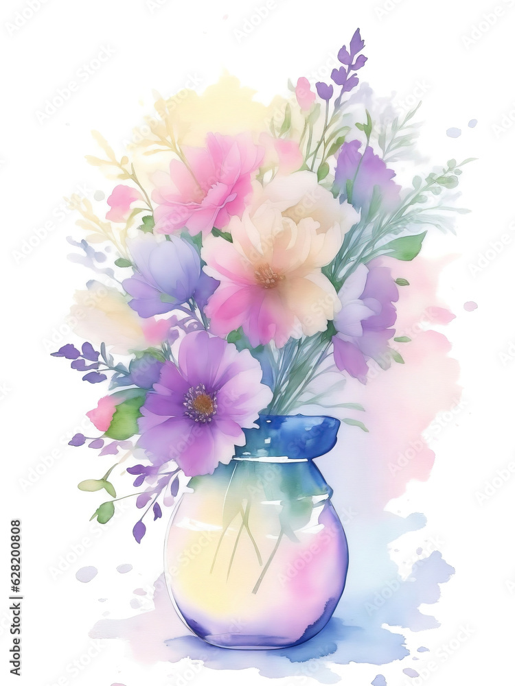 Bouquet of beautiful flowers in a glass vase isolated on white, watercolor retro style flower background Bouquet of beautiful flowers in a glass vase isolated on white, watercolor retro style flower background
