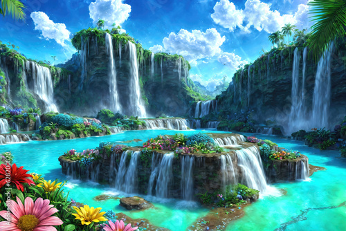 Paradise landscape with beautiful  gardens  waterfalls and flowers  magical idyllic background with many flowers in eden.