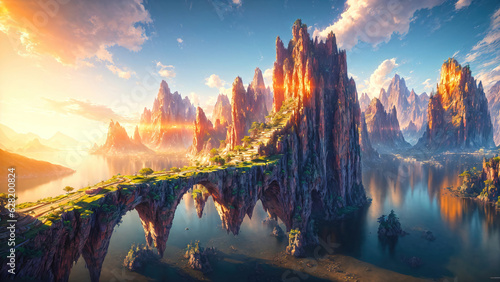 Alien planet landscape with glowing sun and mountains with fantastic rocks formations 3d illustration.