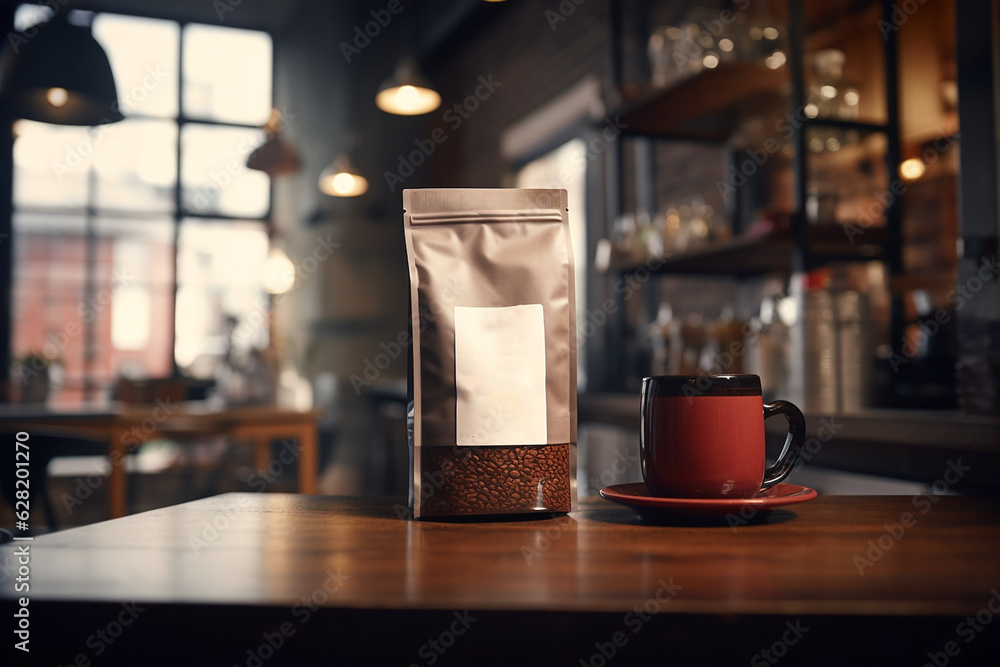 Brown foil coffee bag packaging mockup for coffee branding - coffee shop branding mockup - with red coffee cup
