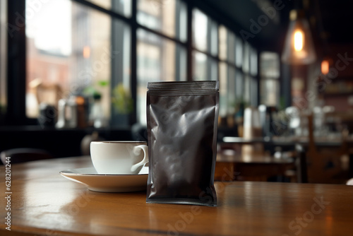 black foil coffee bag mockup in a coffee shop on a coffee table - photoshop marketing mockup - coffee branding