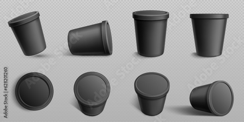 Realistic black food containers set isolated on transparent background. Vector illustration of 3D ice cream or yogurt bucket mockup with blank surface ready for branding. Paper box for meal storage