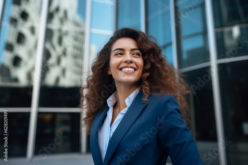Young happy pretty smiling professional business woman, happy confident positive female entrepreneur standing outdoor on street