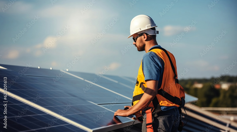 Engineer in helmet and uniform working on photovoltaic panels.
Engineer in helmet and uniform working on photovoltaic panels.