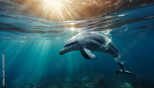 Foto underwater world dolphin at the bottom of the ocean close up sunlight shine thro