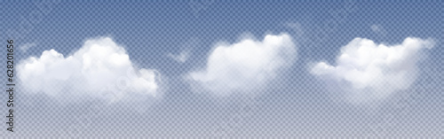 White clouds, fog or smoke in air or sky. Fluffy cumulus clouds isolated on transparent background, vector realistic illustration. Concept of weather, meteorology, climate