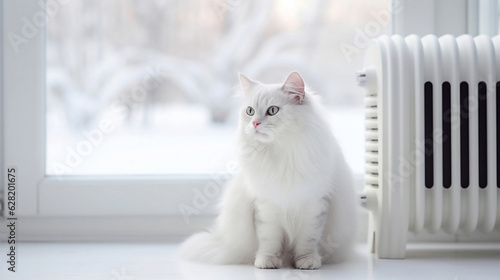 A white, fluffy cat sits basking near the radiator.