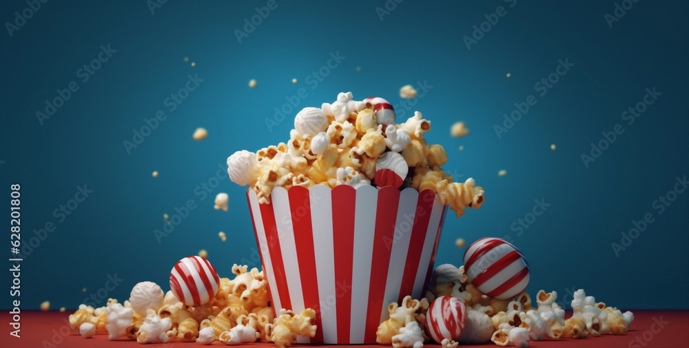 box corn blue entertainment tasty cinema white food background popcorn snack. Generative AI.