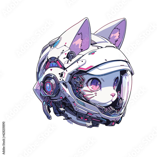 Anime cat in a motorcycle helmet. Futuristic cat print for your design. Vector illustration EPS10