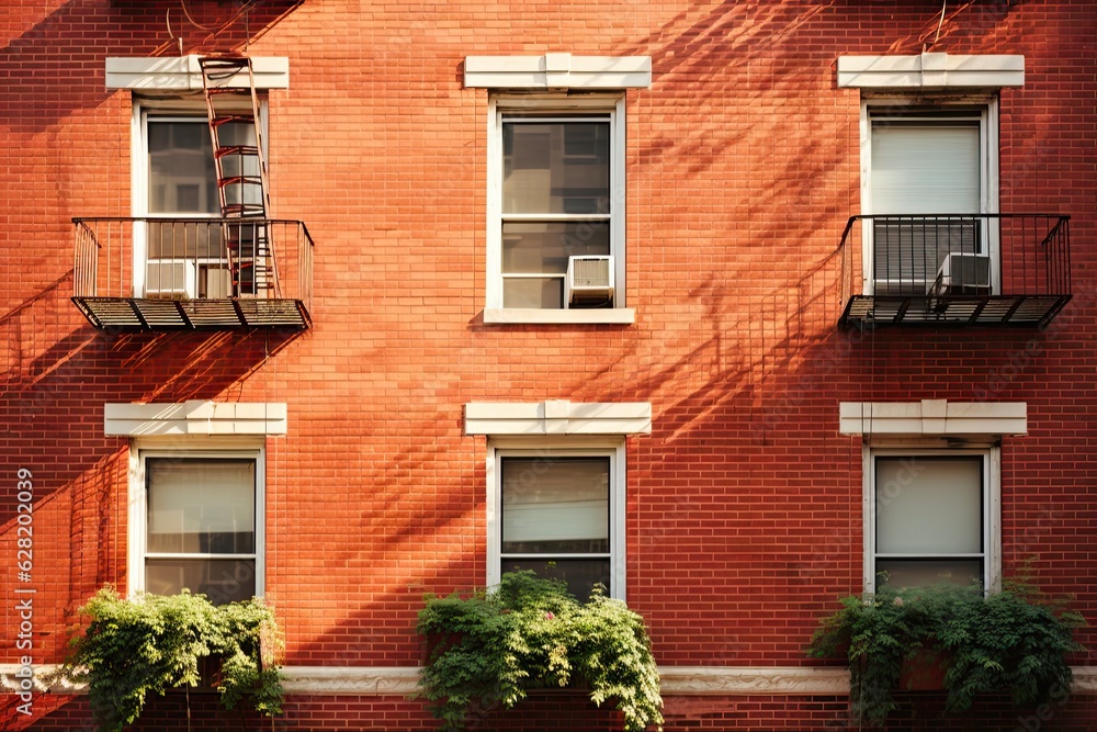 Fototapeta premium Spring Cooling: Window Air Conditioning Units on Brick NYC Apartment Building: Generative AI