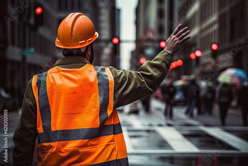 Male Road Worker Directing Traffic with Stop Sign on Street. Effective Traffic Management in Construction Industry Site: Generative AI