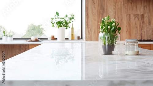White Marble Counter Top Table in Modern Kitchen Room with Wood Display and Blurred Interior Background  Generative AI
