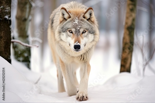 Winter Stalking  Lonely Wolf Walking in a White Forest. Generative AI
