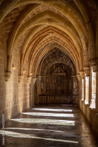 Play of light and shadow in the Cistercian cloisters of the Monasterio de Piedra in Zaragoza, Aragon, Spain