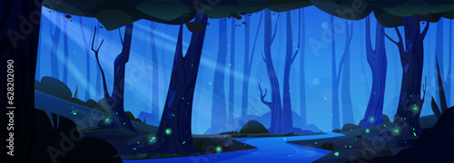 Night forest landscape with river and green fireflies glowing in darkness. Vector cartoon illustration of water flowing in dark woodland, moonlight beams between trees, magic lights shimmering in air