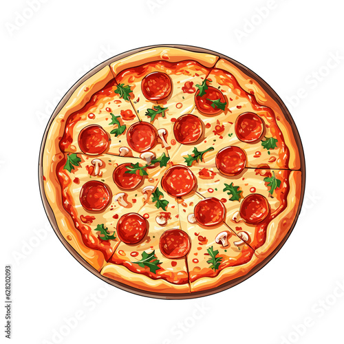Hand Draw Pizza with various ingredients in cartoon style. Whole and chopped pizza icon. Vector illustration EPS10