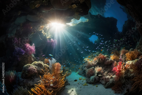 Coral reef with light shining through cave, in the style of sunrays shine upon it. Generative AI. © YULIIA