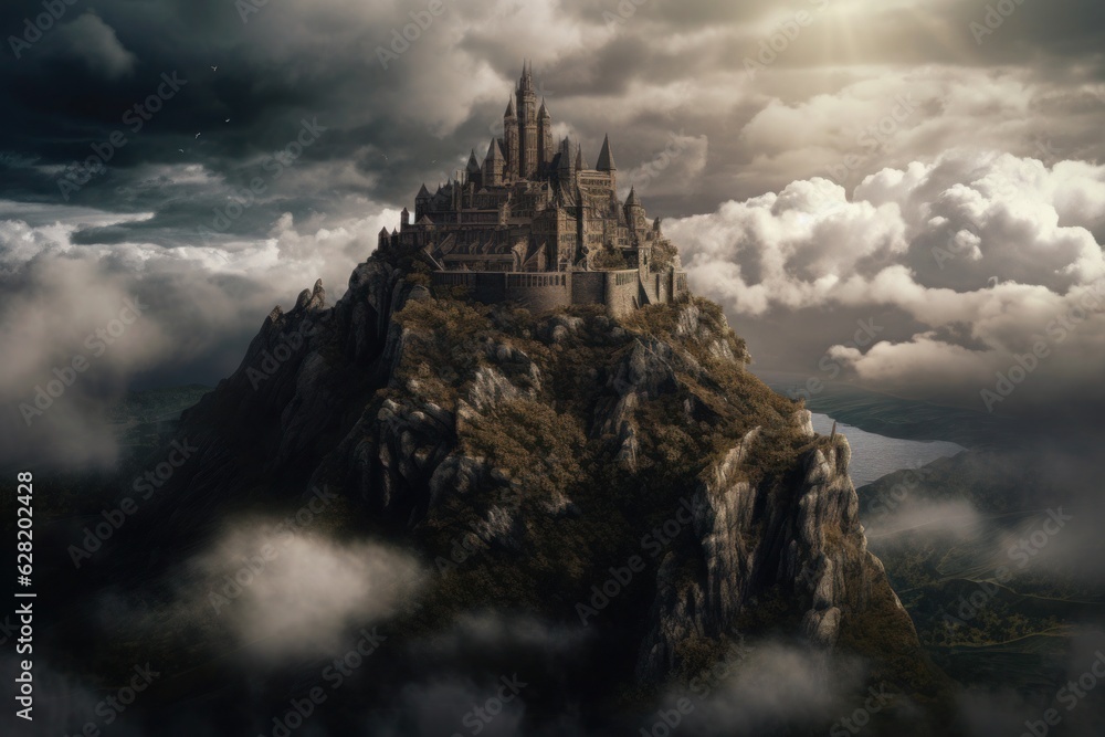 An elaborate carved castle atop a mountain surrounded by clouds. Generative AI.