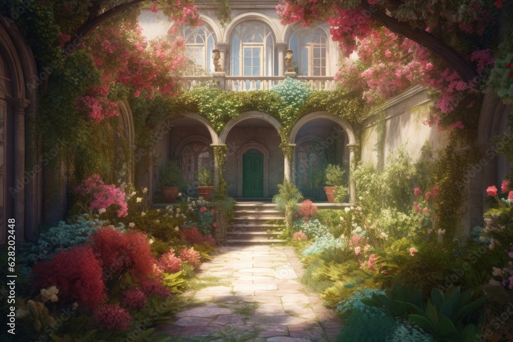 Fairy tale setting for dreamcatcher castle architecture, in the style of vray tracing, intricate, delicate flower and garden paintings. Generative AI.