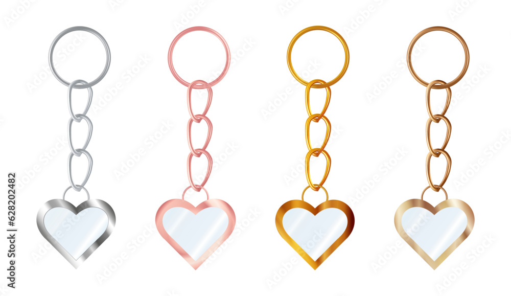 A set of copper or bronze, gold or brass, silver or steel, pink gold keychains in the shape of a heart. Metal key holders isolated on white background. Realistic vector illustration. A set of copper or bronze, gold or brass, silver or steel, pink gold keychains in the shape of a heart. Metal key holders isolated on white background. Realistic vector illustration.