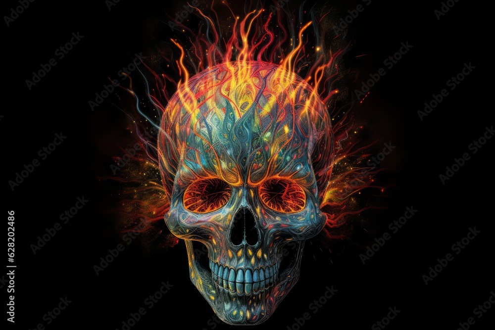 A skull with a fire and a fire element in its eyes, in the style of highly detailed illustrations, light azure and orange. Generative AI.