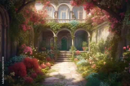 Fairy tale setting for dreamcatcher castle architecture  in the style of vray tracing  intricate  delicate flower and garden paintings. Generative AI.