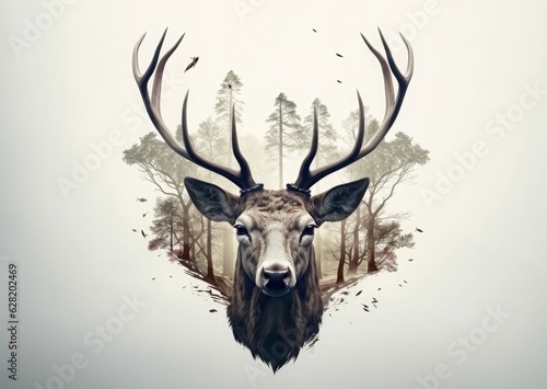 The head of a deer in the forest, with white background and trees, in the style of layered and atmospheric landscapes. Generative AI. © YULIIA