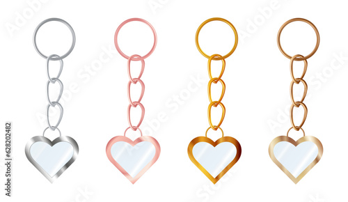 A set of copper or bronze, gold or brass, silver or steel, pink gold keychains in the shape of a heart. Metal key holders isolated on white background. Realistic vector illustration.