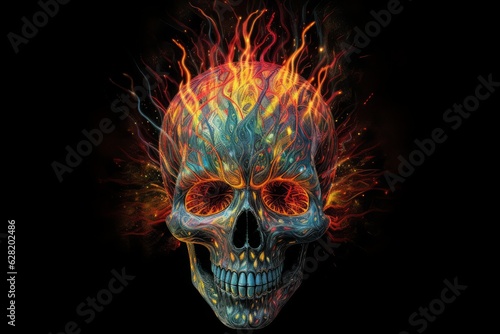 A skull with a fire and a fire element in its eyes, in the style of highly detailed illustrations, light azure and orange. Generative AI.