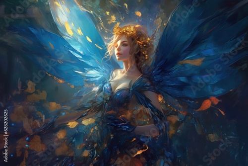 Magic fairy wallpapers hd images, in the style of gold and blue, life-like avian illustrations. Generative AI.
