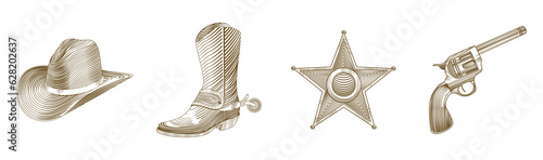 Fotografie cowboy icon set in engraving style - png illustration