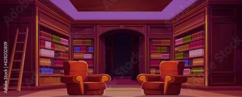 Home library with books on wooden shelves and cozy armchairs. Vector cartoon illustration of large room furnished with bookshelves and ladder. Vintage literature collection. Place for reading hobby