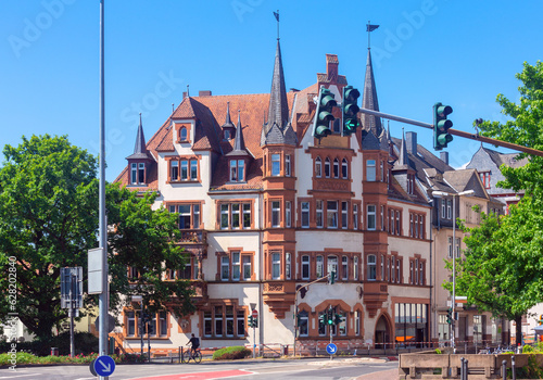 Beautiful facades of old German half-timbered houses in Marburg.