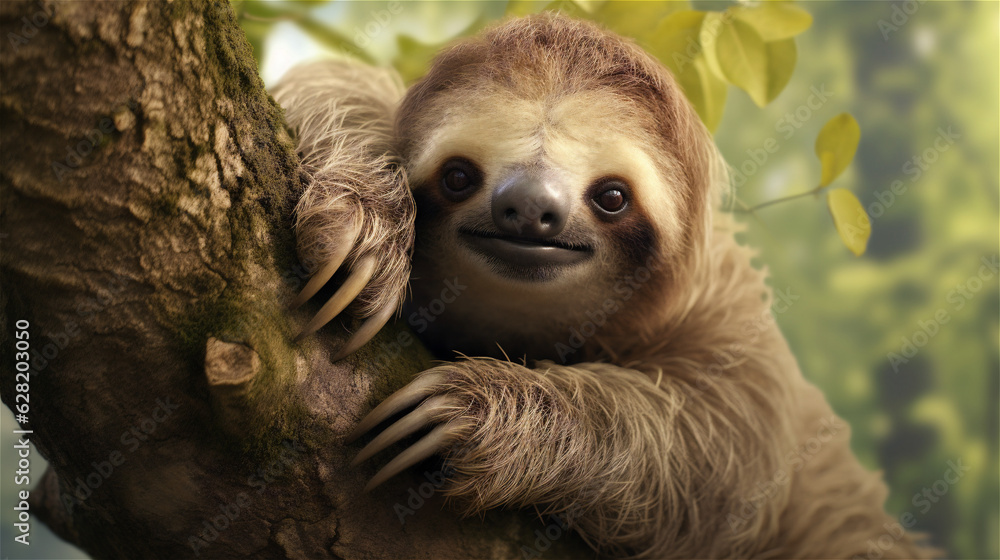 A portrait of a cute sloth staring at the viewer while sitting in a tree in a lush forest A portrait of a cute sloth staring at the viewer while sitting in a tree in a lush forest