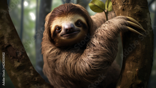 A cute sloth hanging from a tree and staring out at the viewer. Portrait of a young cloth in a lush forest.