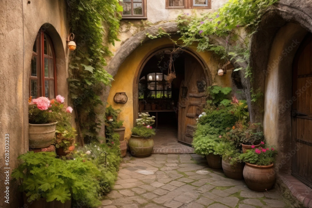 An image of an alley with potted plants and flowers, in the style of medieval-inspired. Generative AI.