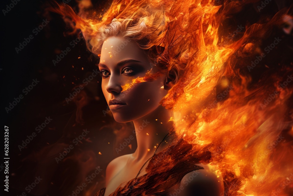 A woman with fiery hair is painted in fire, in the style of highly detailed illustrations. Generative AI.