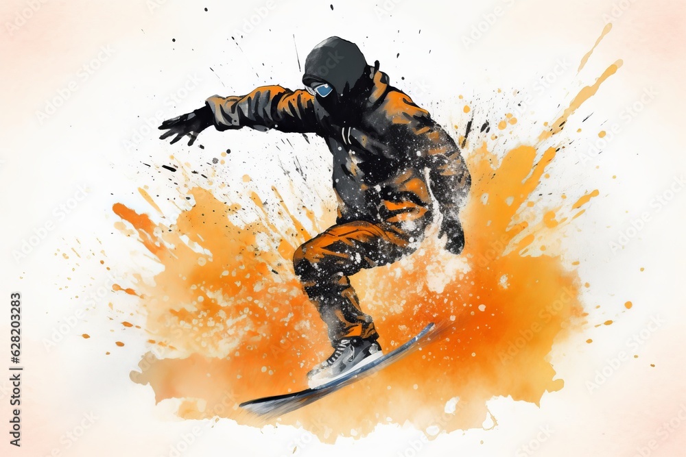 A skater doing a watercolour splash on an orange background picture, in the style of detailed illustrations. Generative AI.