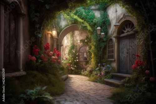 This is an ivy covered alleyway in a fantasy world  in the style of photorealistic renderings. Generative AI.