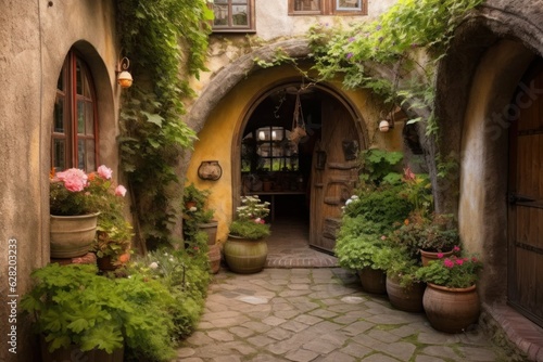 An image of an alley with potted plants and flowers, in the style of medieval-inspired. Generative AI.